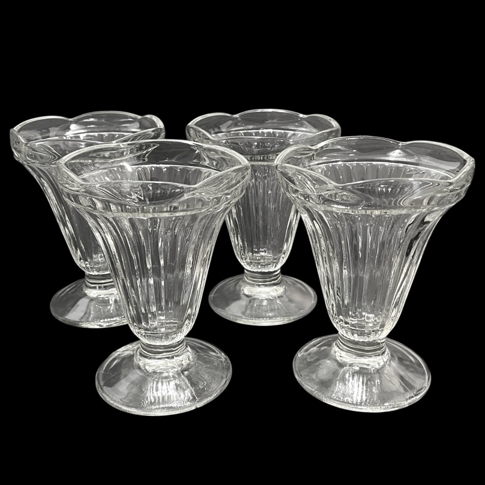 Vintage 1960s ARC France Pressed Clear Glass Footed Ice Cream/Sundae Glasses Set